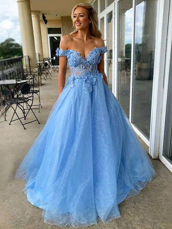 Women's Transitional Outfit Sexy Sparkly Sky Blue Off-shoulder Floral Top A-line Long Prom Dress, PD3448