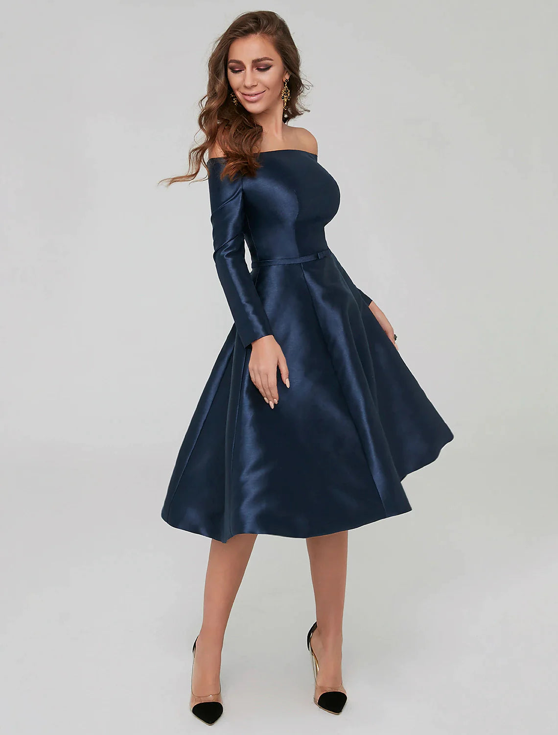 Women's Athletic Clothes A-Line Special Occasion Dresses Party Dress Wedding Guest Knee Length Long Sleeve Off Shoulder Satin with Pleat