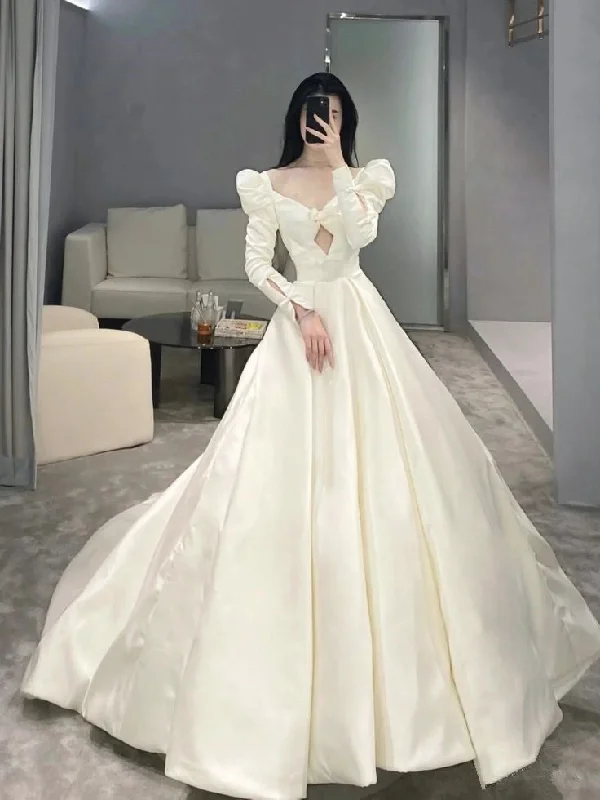 Women's Everyday Attire A Line Long Sleeves Satin Wedding Dresses Long Bridal Gowns    S6655