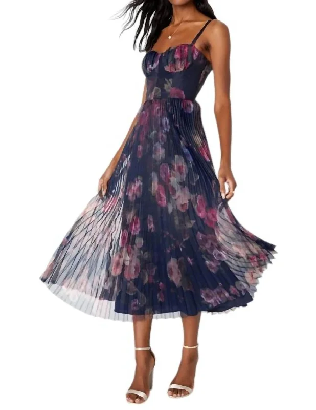 Women's High-Fashion Garments Floral Pleated Bustier Midi Dress In Midnight Blue