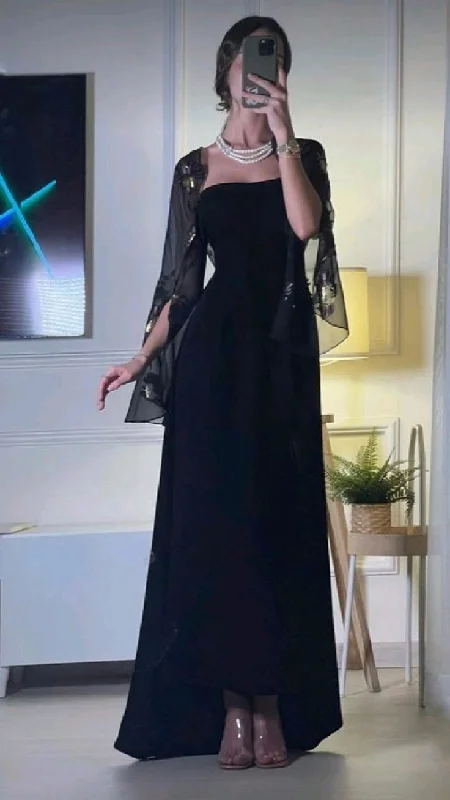 Women's Casual Apparel Saudi Arabia Evening Dresses for Women Black Prom Dresses Long Sleeve Chiffon Jackets Wedding Guest Dress     S6308