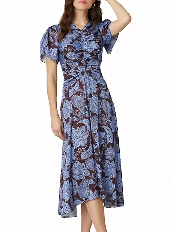 Affordable Women's Clothing Anita Floral Ruched Midi-Dress In Chocolate/lavender