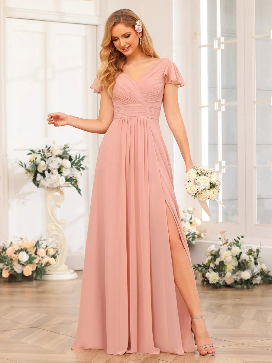 Women's Plus-Size Casual Outfit A-Line/Princess V-Neck Long Wedding Party Dresses With Split Side & Pockets