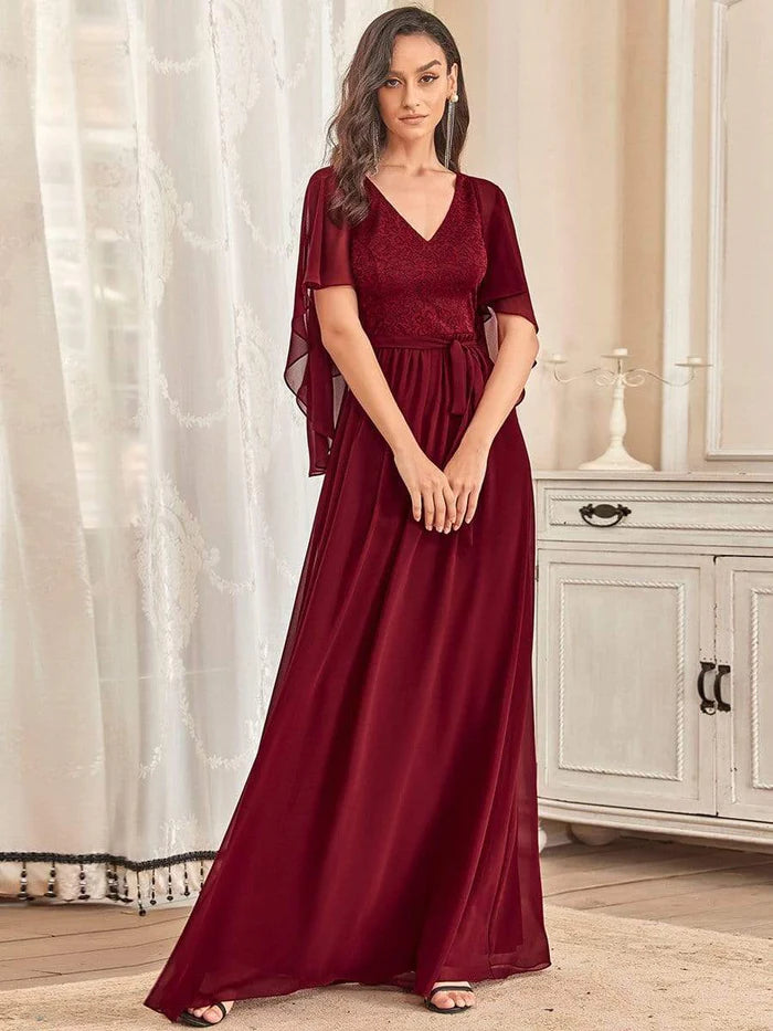 Chic Women's Garments Elegant Maxi V Neck Chiffon Wedding Guest Dress with Sleeves