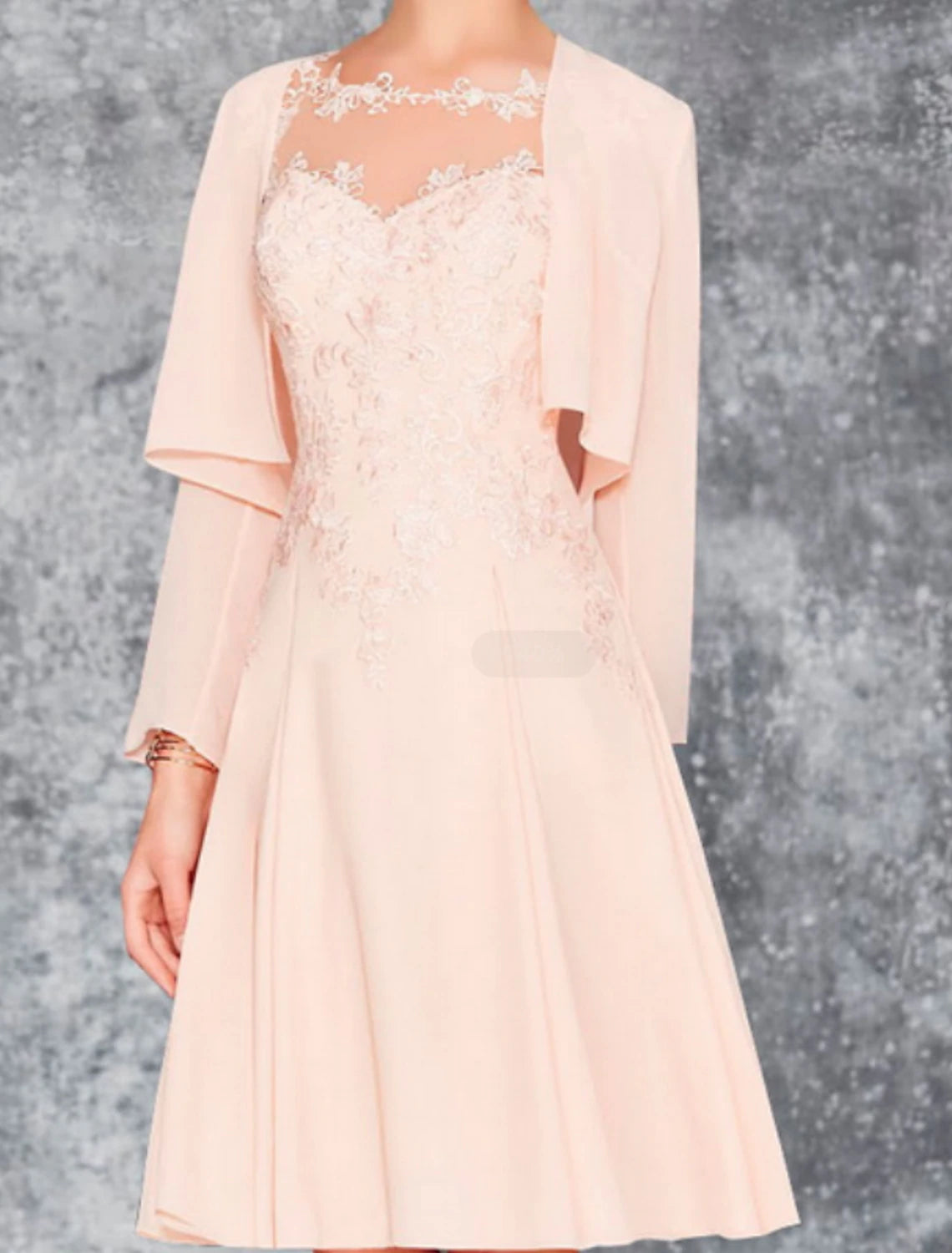 Women's Elegant Formal Outfit A-Line Mother of the Bride Dress Wedding Guest Jewel Neck Knee Length Chiffon Lace Long Sleeve Fall Wrap Included with Appliques Ruching