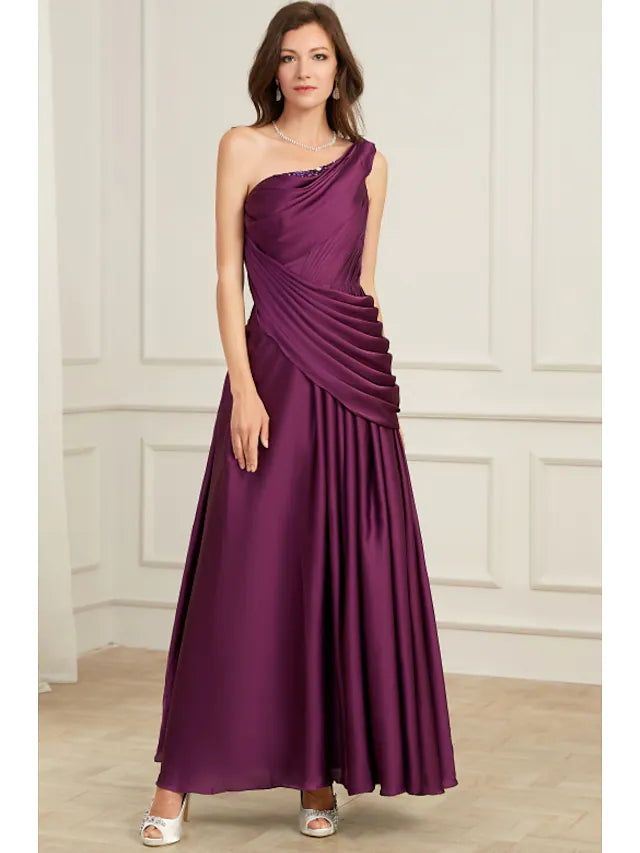 Timeless Women's Outfit Evening Gown Elegant Dress Wedding Guest Floor Length Sleeveless One Shoulder Polyester with Pleats Ruched