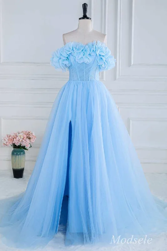 Women's Fashionable Clothing Sets Blue Floral Petal Appliques Off-the-Shoulder A-Line Long Prom Dress