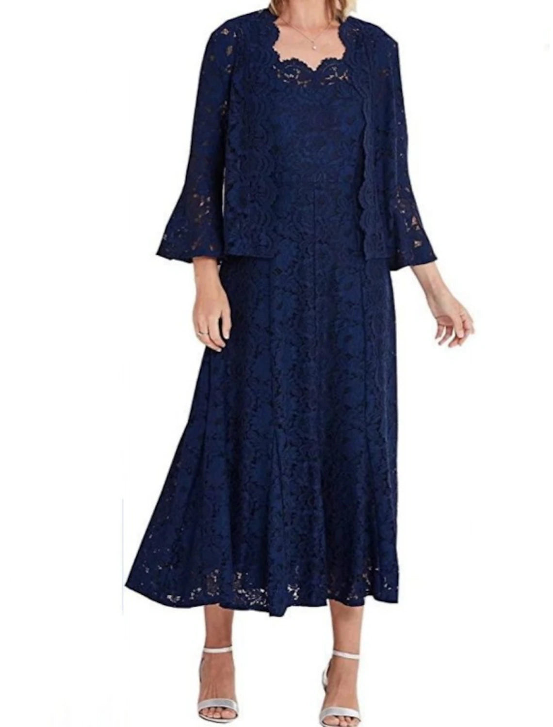 Casual Attire For Women Two Piece Mother of the Bride Dress Wedding Guest Vintage Elegant Scoop Neck Tea Length Lace Long Sleeve with Pleats Solid Color