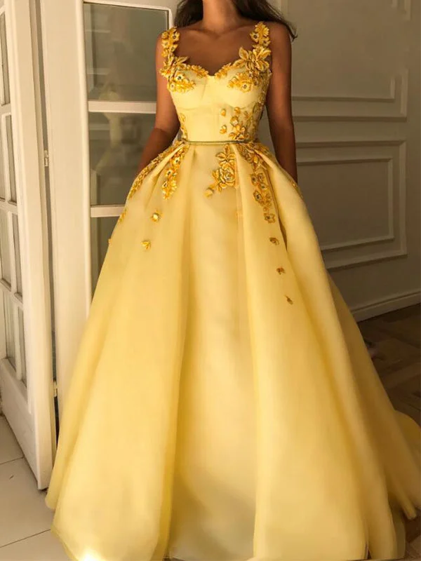 Women's Clothing Outfit Set Elegant Baby Yellow A-line Floral Long Prom Dress, Ball Gown, PD1420