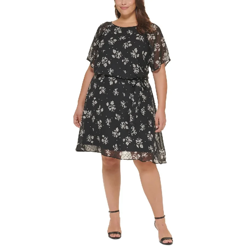 Women's Active Garments For Workouts DKNY Womens Plus Chiffon Floral Fit & Flare Dress