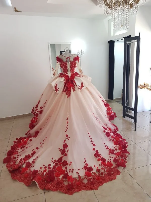 Women's Fashionable Attire For Work Red gorgeous exquisite sweet floral applique long tulle ball gown evening gown wedding dress gh3344