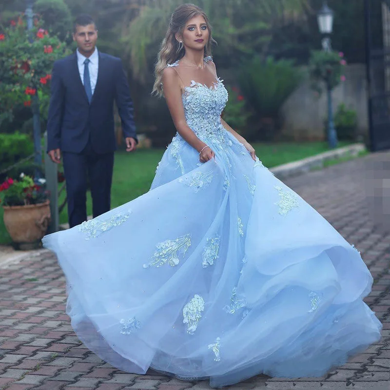 Women's Tailored Outfit Elegant Ice Blue Fairytale Floral A-line Long Tulle Prom Party Dress, PD3095