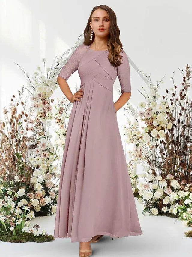 Women's Vacation Attire Evening Gown Elegant Dress Wedding Guest Floor Length Half Sleeve Jewel Neck Chiffon with Pleats Ruched