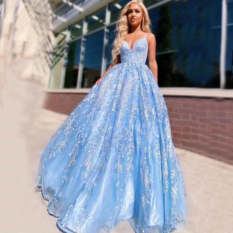 Women's Romantic Outfit Sky Blue Spaghetti Straps Sweetheart Floral Lace A-line Long Prom Dress, PD2355