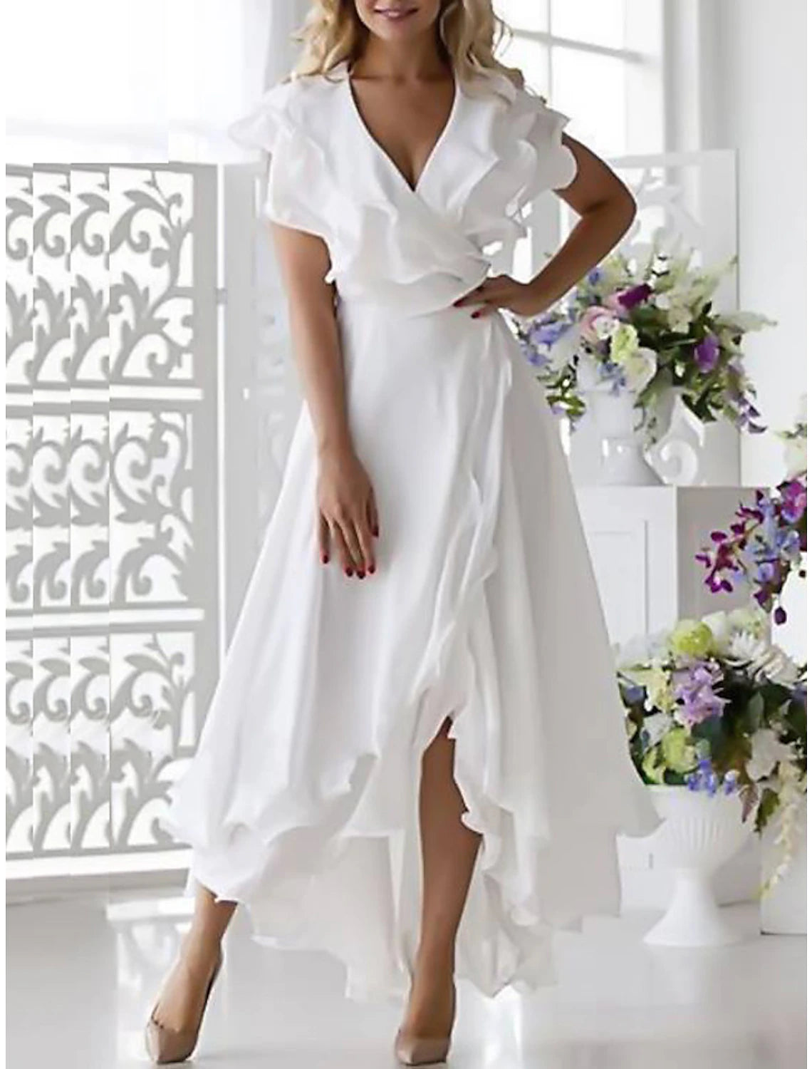 Women's Comfortable Garments A-Line Mother of the Bride Dress Fall Wedding Guest Elegant High Low V Neck Asymmetrical Chiffon Short Sleeve with Ruffles Split Front