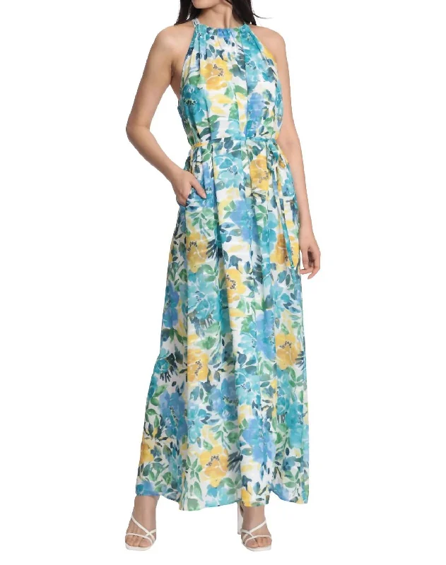 Women's Holiday Attire Floral Halter Maxi Dress In Soft White/aqua