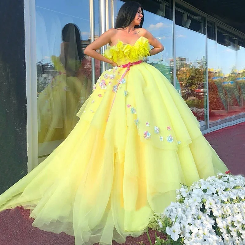 Women's Formal Event Outfit Sexy Yellow Sweetheart Strapless A-line Long Floral Prom Dress, Gown, PD3315