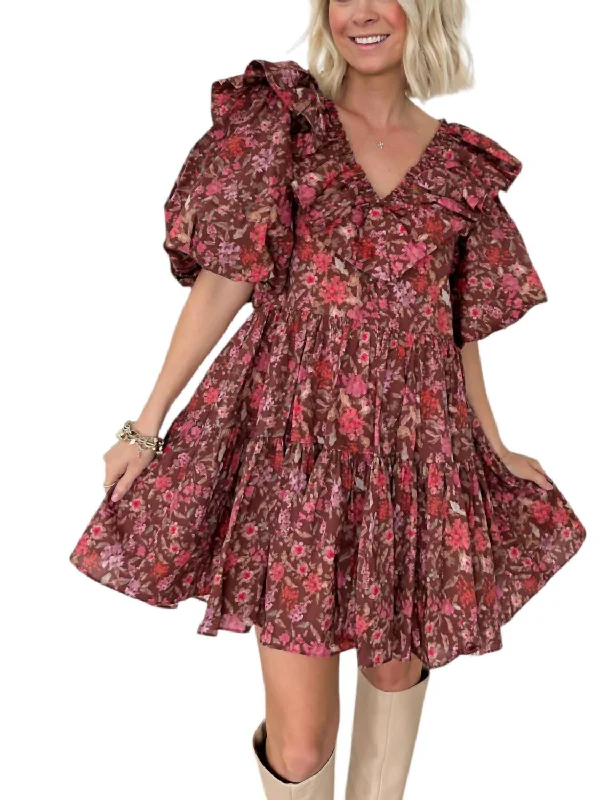 Stylish Women's Attire Autumn Bloom Floral Ruffle Mini Dress In Brown