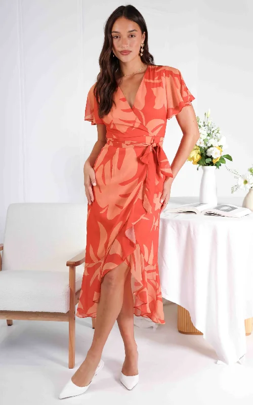 Women's Elegant Evening Outfit Nala Maxi Dress - Coral Orange Floral