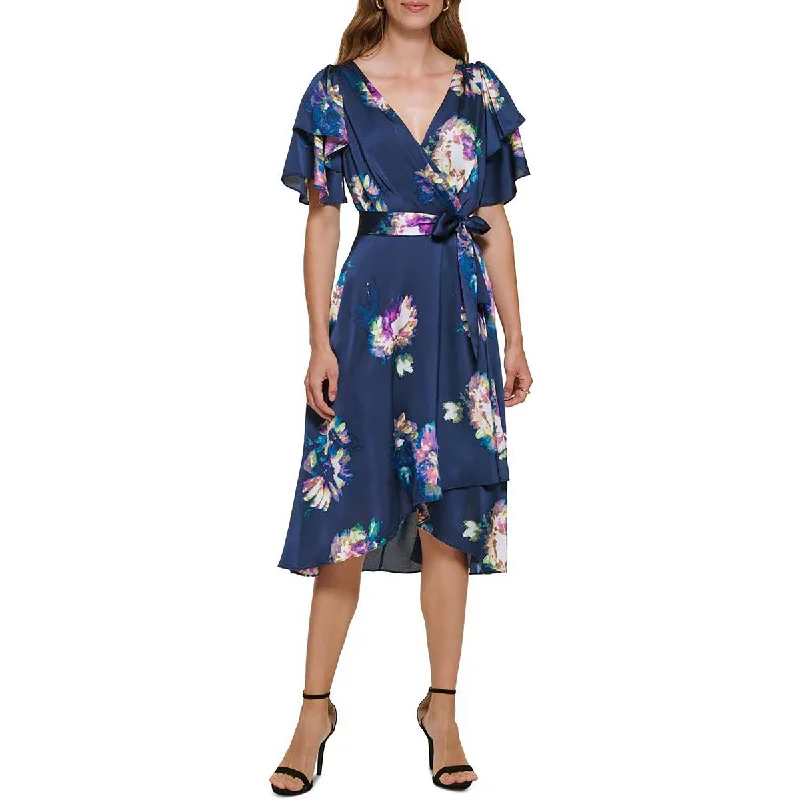 Charming Women's Holiday Apparel DKNY Womens Floral Faux Wrap Midi Dress