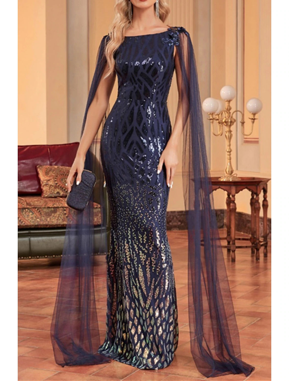 Women's Stylish Outdoor Outfit Mermaid / Trumpet Mother of the Bride Dress Wedding Guest Party Sparkle & Shine Bateau Neck Floor Length Tulle Sequined Sleeveless with Sequin Draping