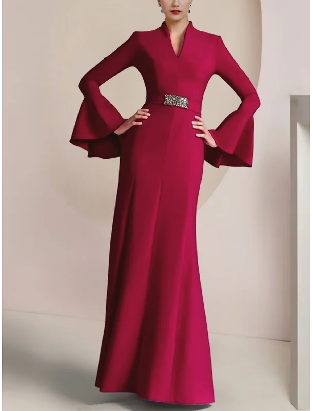 Formal Attire For Women A-Line Mother of the Bride Dress Wedding Guest Party Elegant V Neck Floor Length Stretch Chiffon Long Sleeve with Pleats Crystal Brooch