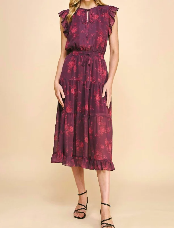 Women's Loungewear Clothes Floral Knee Length Dress In Wine Multi