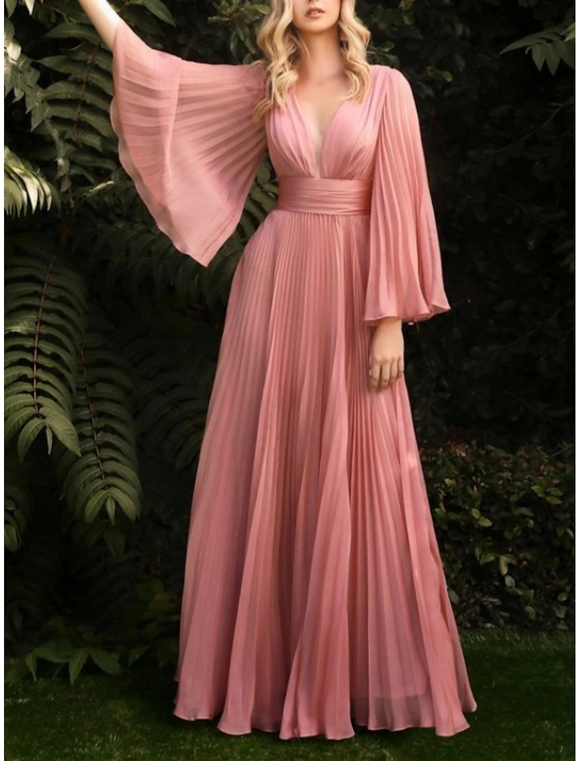 Women's Clothing Sheath / Column Wedding Guest Dresses Elegant Dress Wedding Guest Floor Length Long Sleeve V Neck Chiffon with Pleats Ruched