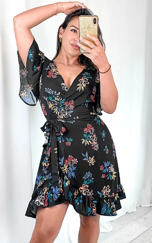 Women's Plus-Size Apparel Haven Wrap Dress - Black Rainbow Floral