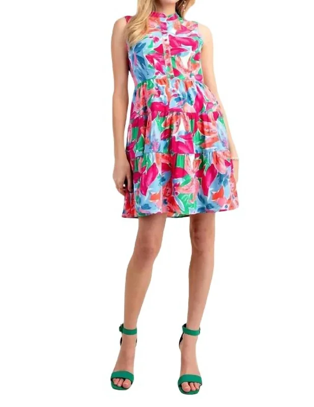 Women's Comfortable Garments Side Pocket Floral Tiered Mini Dress In Pink Combo