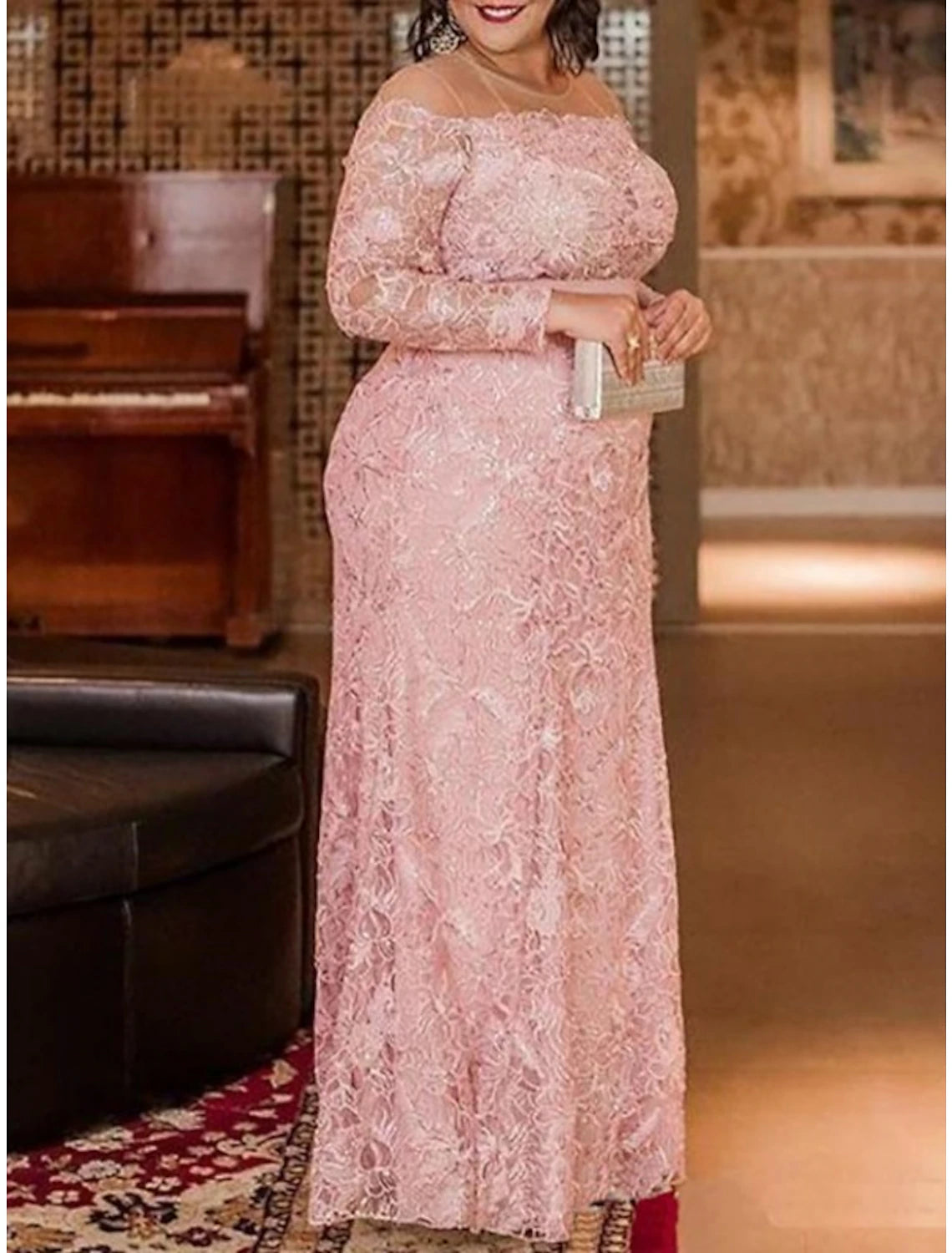 Women's Workout Garments Mother of the Bride Dresses Plus Size Curve Hide Belly Wedding Guest Party Elegant Illusion Neck Floor Length Lace Long Sleeve with Solid Color