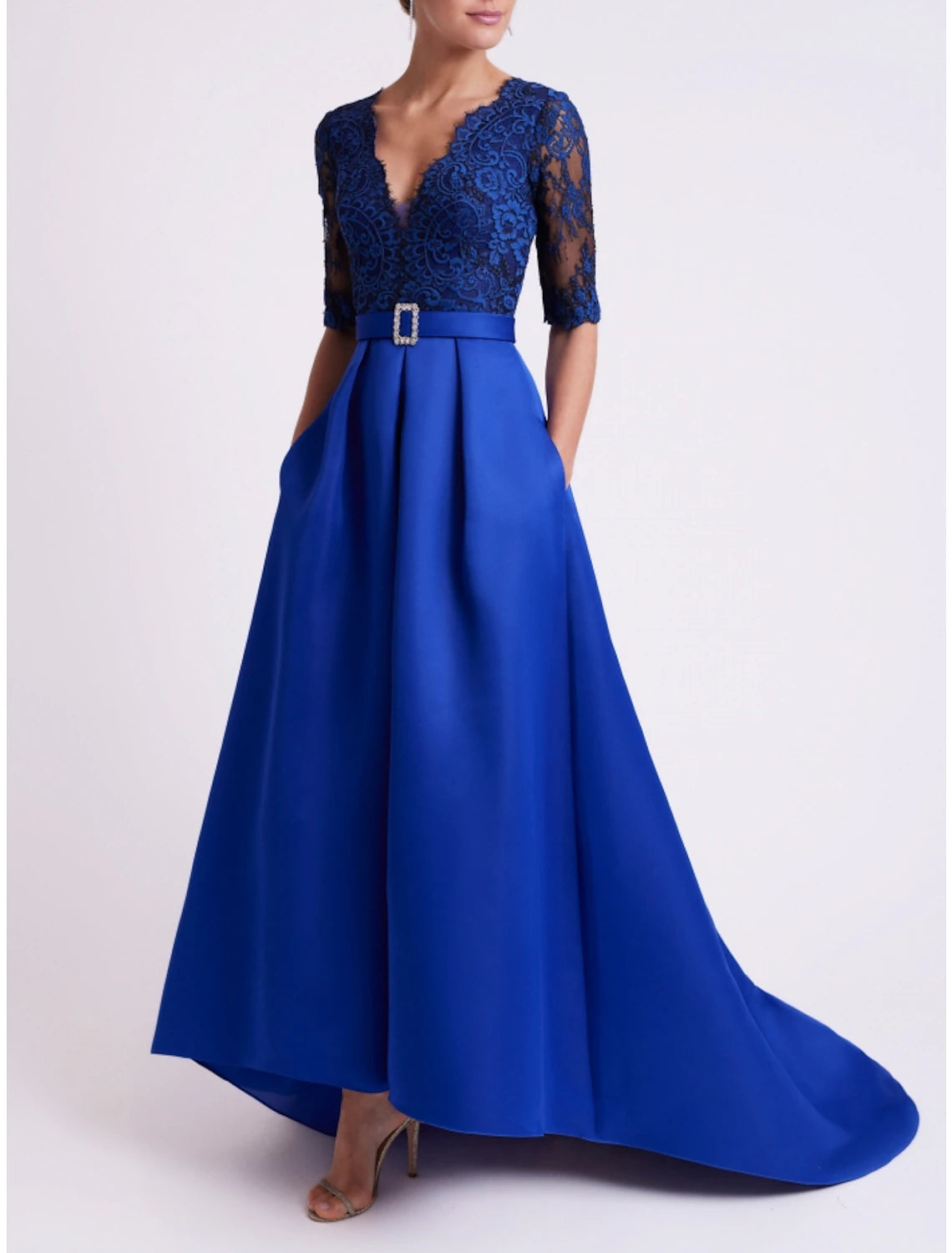 Stylish And Comfortable Clothing For Women A-Line Mother of the Bride Dress Wedding Guest Party Elegant V Neck Sweep / Brush Train Satin Half Sleeve with Lace Crystal Brooch Ruching