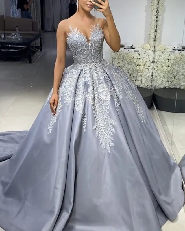 Women's Clothing Outfit Set Silver Wedding Dress Satin Ball Gown Lace Embroidery A-Line Princess Prom Dresses