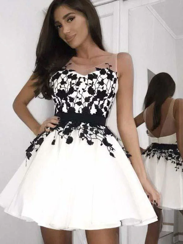 Women's Clothing Apparel Sets White And Black Floral Sweetheart A-line Short Mini Homecoing Dress, HD3078