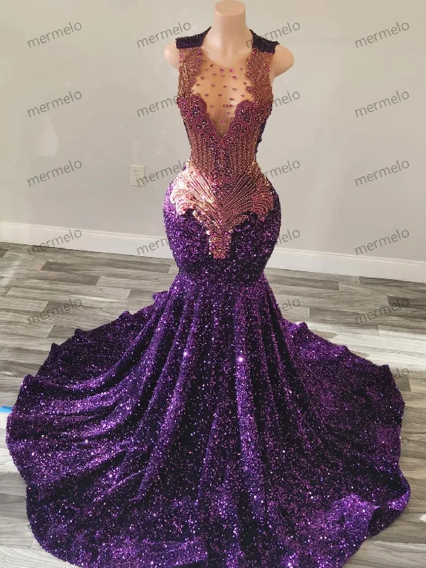 Women's Fashionable Clothing Sets Classy purple Mermaid dress, Sleeveless dress,Long Reception dress,Prom dress,Black girl dress,Wedding dress,Beautiful bodice,Free Shipping