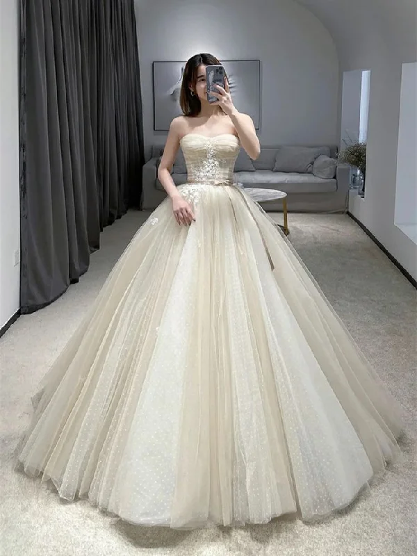 Women's Clothes For Work Strapless Champagne Floor Length Lace Tulle Prom Dresses, Champagne Lace Wedding Dresses, Champagne Lace Formal Evening Dresses     S5338