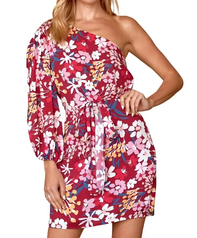 Women's Activewear Outfit Donna One Shoulder Floral Dress - Plus In Dark Magenta