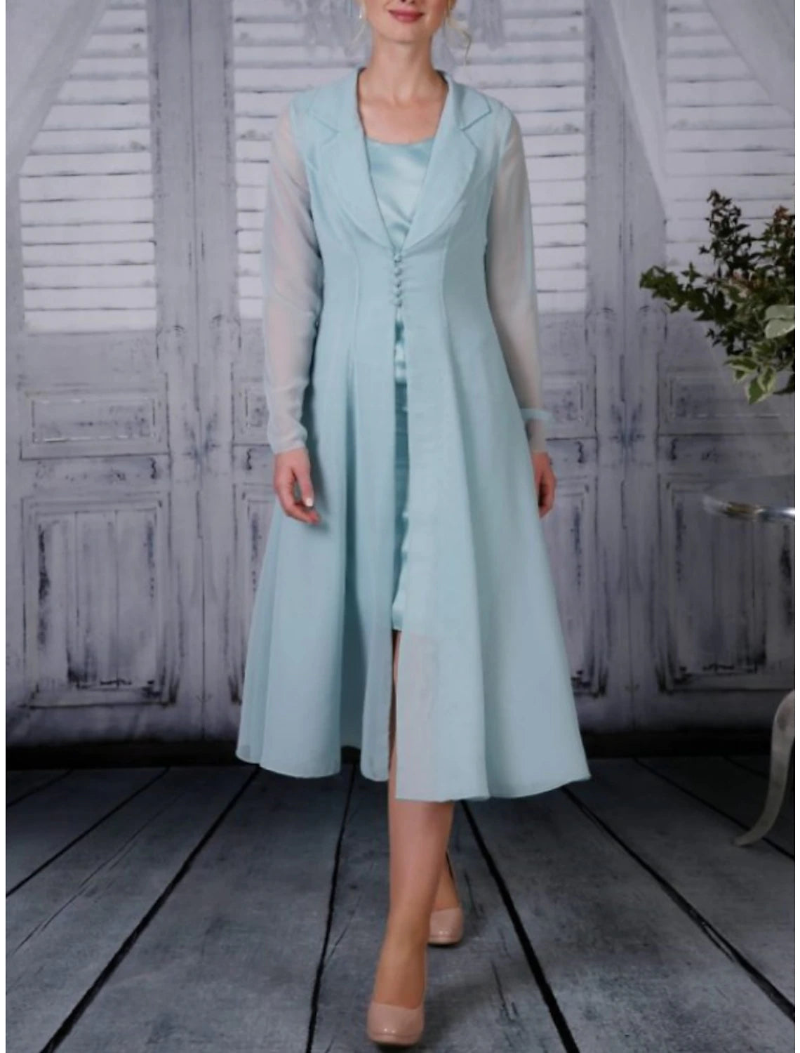 Women's Apparel And Garments Two Piece A-Line Mother of the Bride Dress Wedding Guest Simple Elegant Shirt Collar Tea Length Chiffon Long Sleeve with Pleats Solid Color