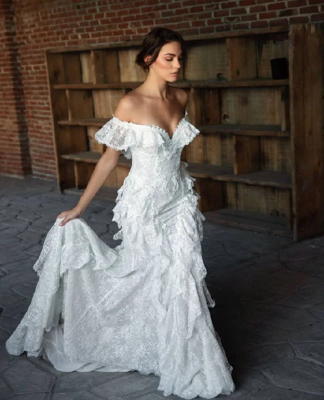 Women's Party Clothes Off Shoulder Lace Wedding Dress Princess Bridal Gown        S6974