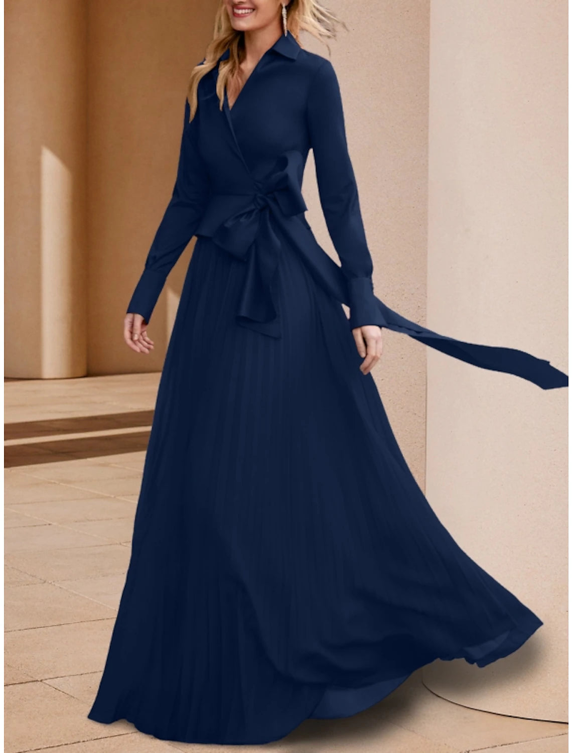 Women's Seasonal Attire A-Line Mother of the Bride Dress Wedding Guest Elegant V Neck Floor Length Stretch Chiffon Long Sleeve with Bow(s) Ruching Solid Color