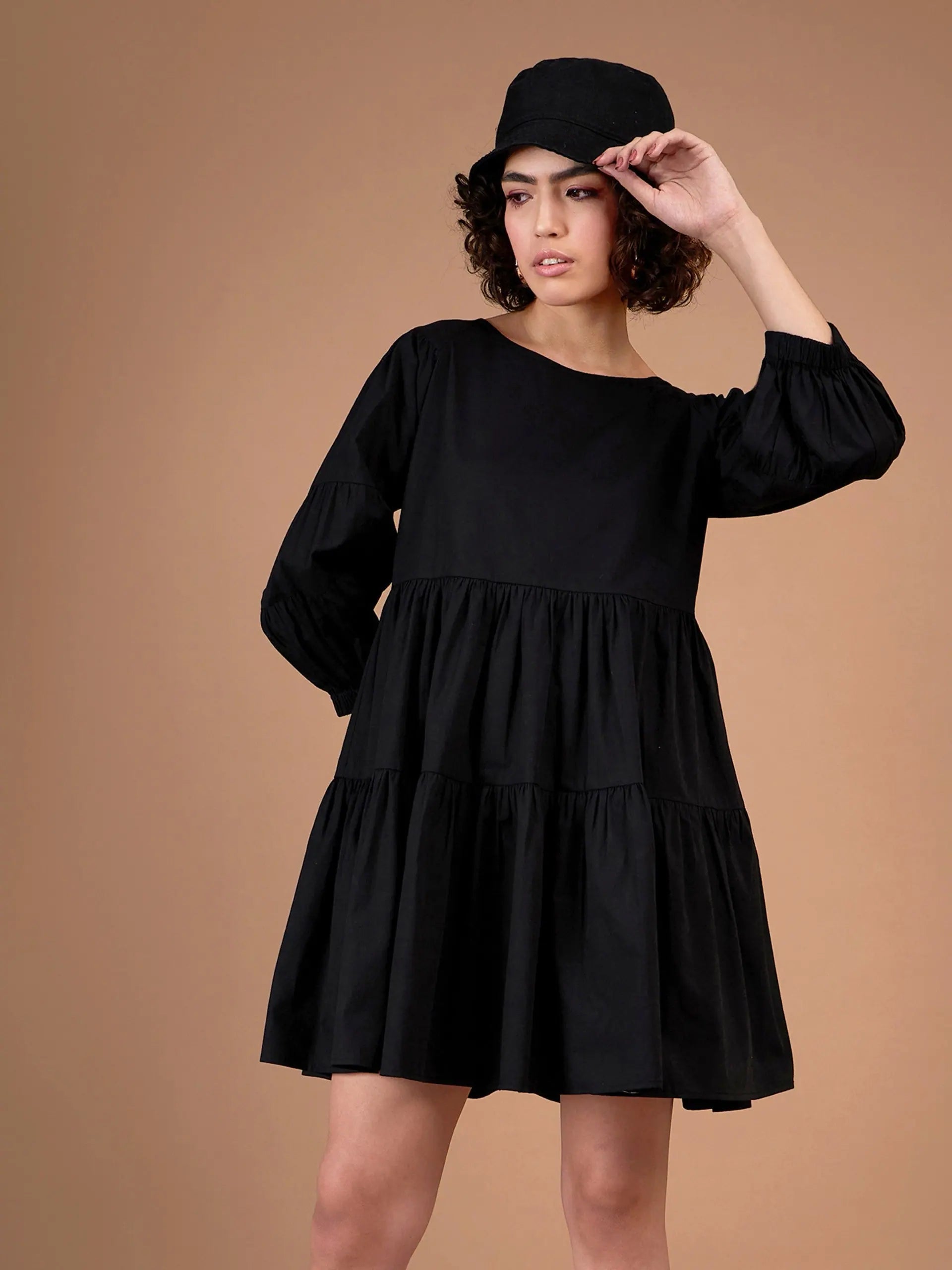 Vintage-Inspired Women's Apparel Women Black Poplin Drop Shoulder Tiered Mini Dress