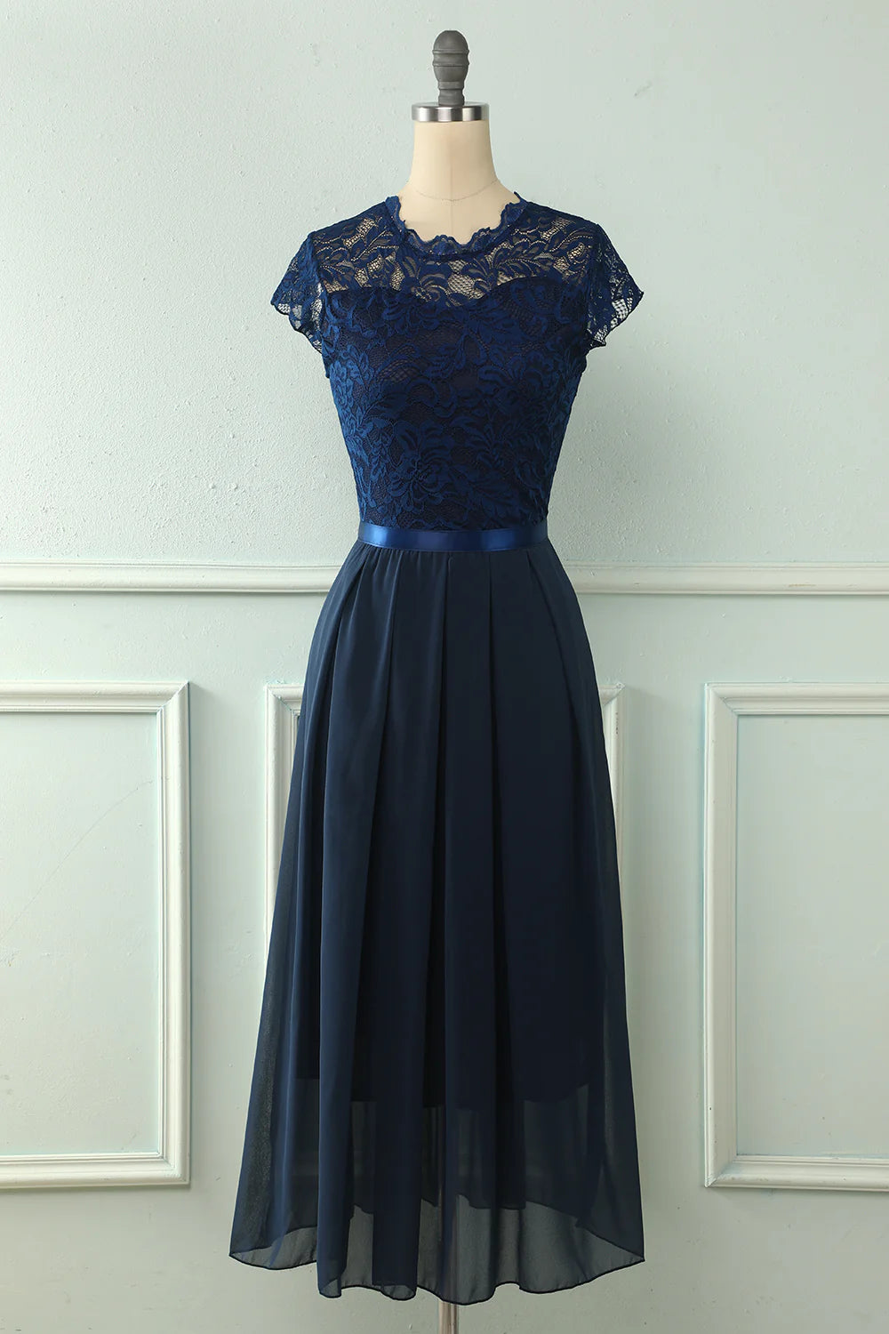 Women's Charming Outfit For Events Navy Midi Lace Wedding Party Dress