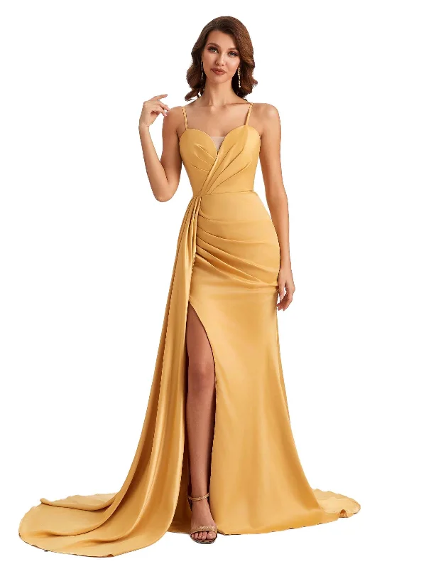 Women's Seasonal Clothes Elegant Spaghetti Straps  Soft Satin Side Slit Mermaid Long Wedding Guest Dresses