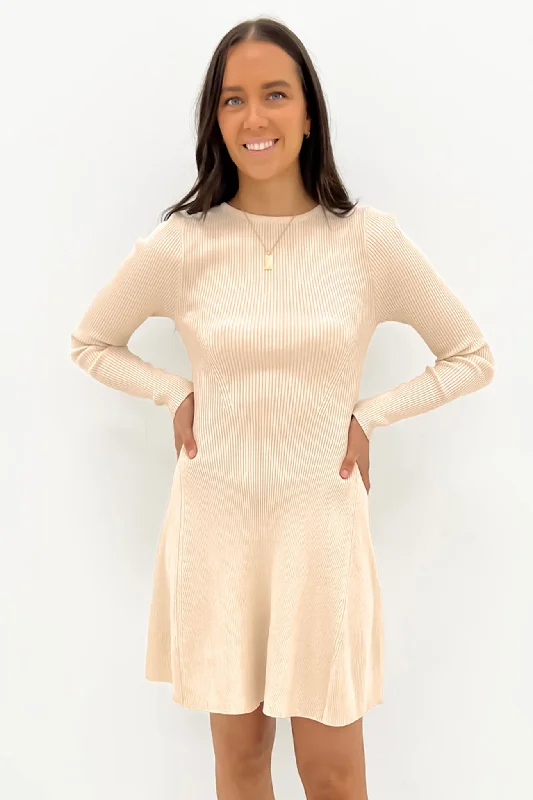 Women's Elegant Formal Outfit Kiani Rib Knit Mini Dress Cream