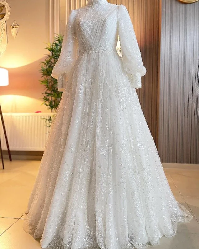 Women's Work Apparel Glitter Muslim Lace Appliques Wedding Dresses High Neck A Line Tulle Bridal Gown        S6337