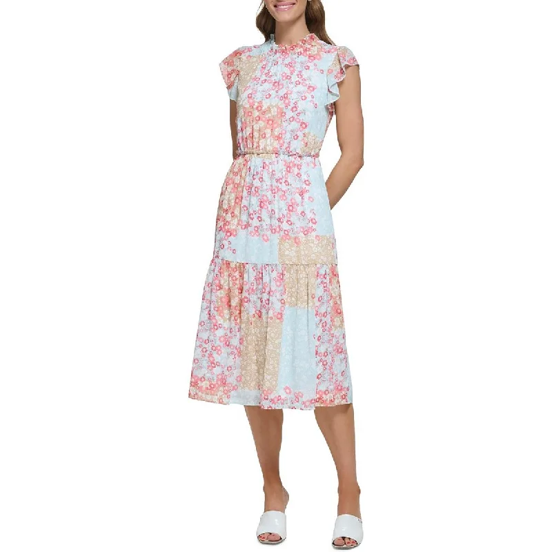 Women's Stylish Outdoor Outfit DKNY Womens Floral Tiered Midi Dress