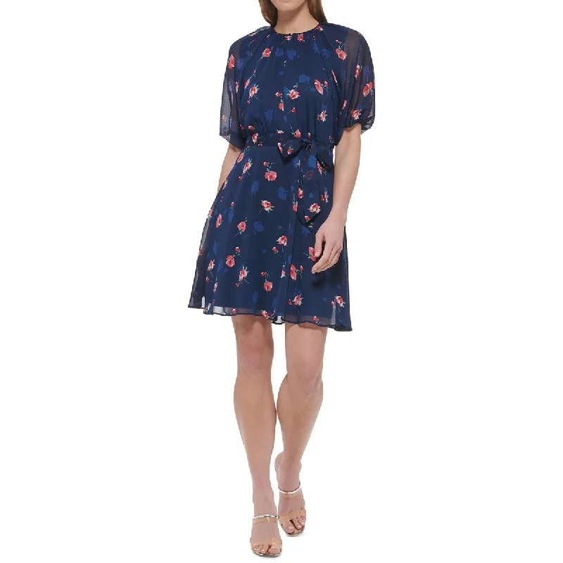 Women's Attire DKNY Womens Chiffon Floral Print Fit & Flare Dress