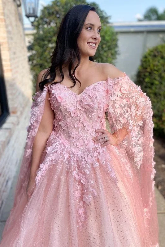 Stylish Outerwear Clothes For Women Pink Floral Lace Off-the-Shoulder Ball Gown with Cape Sleeves