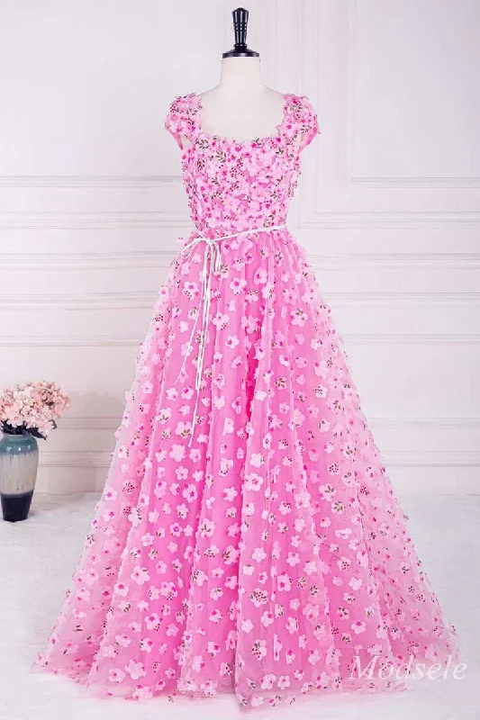 Women's Contemporary Clothing Pink 3D Floral Lace Cap Sleeve A-Line Long Prom Dress with Slit