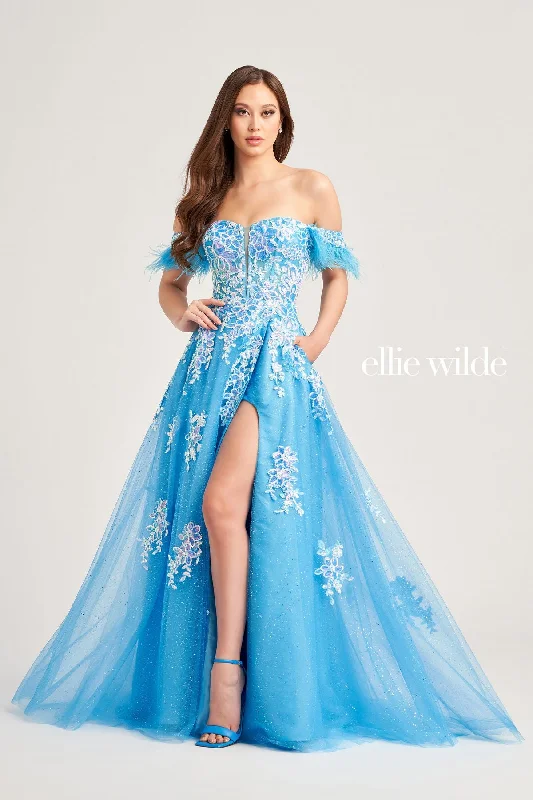 Women's Transitional Clothes Ellie Wilde EW35220 Long Formal Glitter Detachable Sleeve Prom Gown